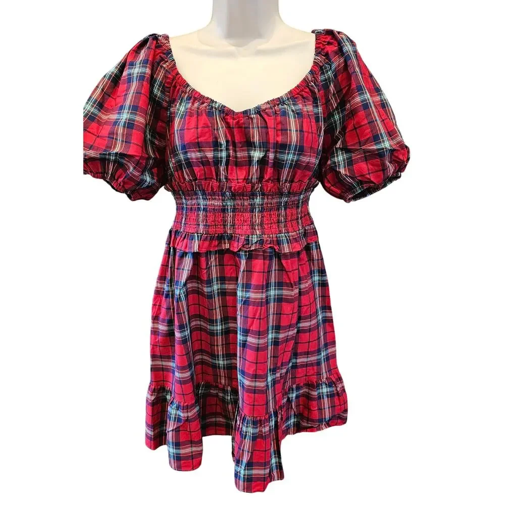 phoebe check puff sleeve mini dress in red multi tartan holiday Christmas M - Picture 2 of 10